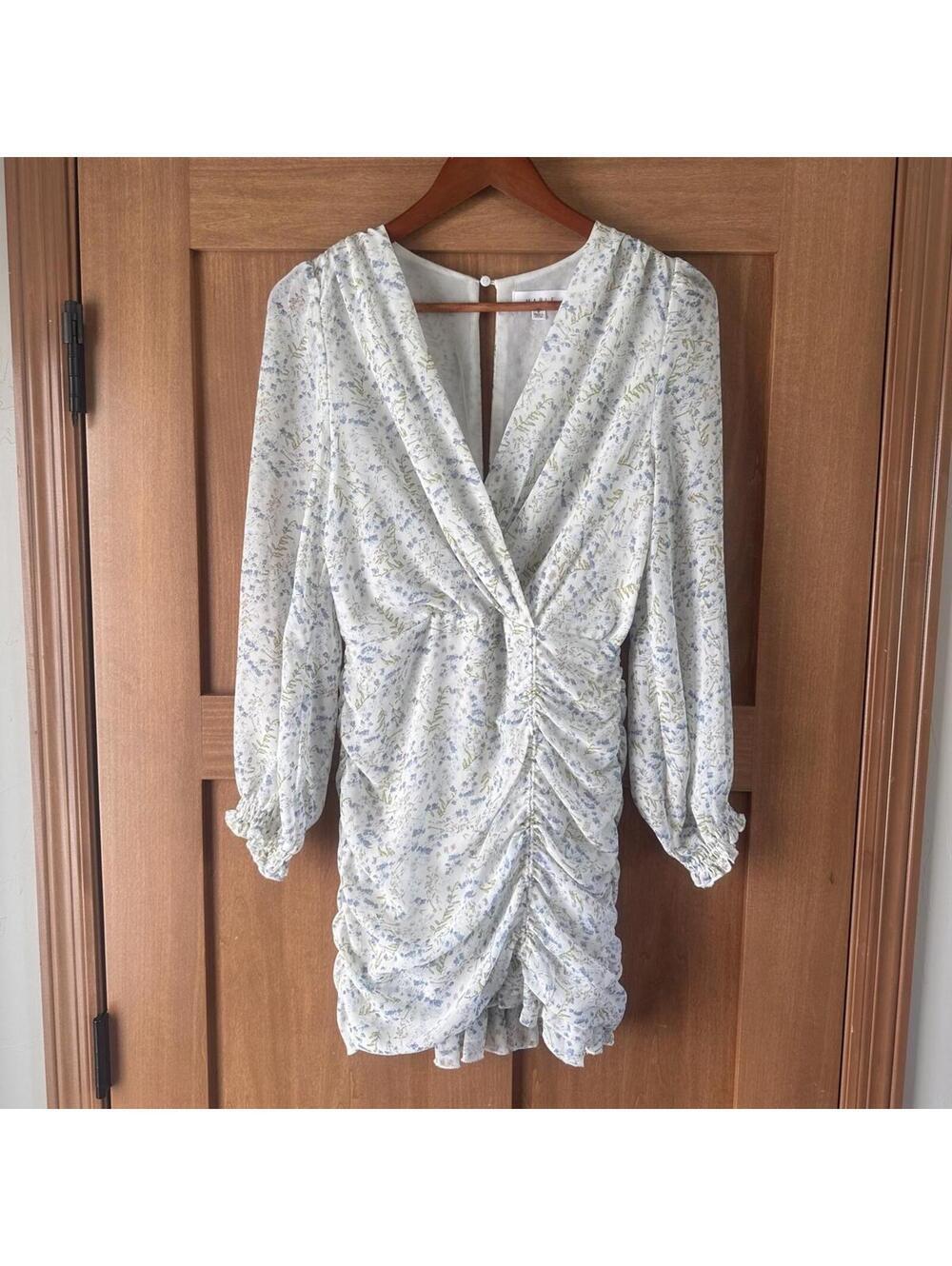 MABLE Ruffle Ivory / Blue Floral Puff Sleeve Rouched Mini Dress Women’s Small